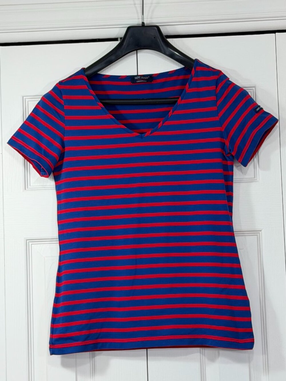 Saint James Striped V-Neck T-Shirt, Blue & Red